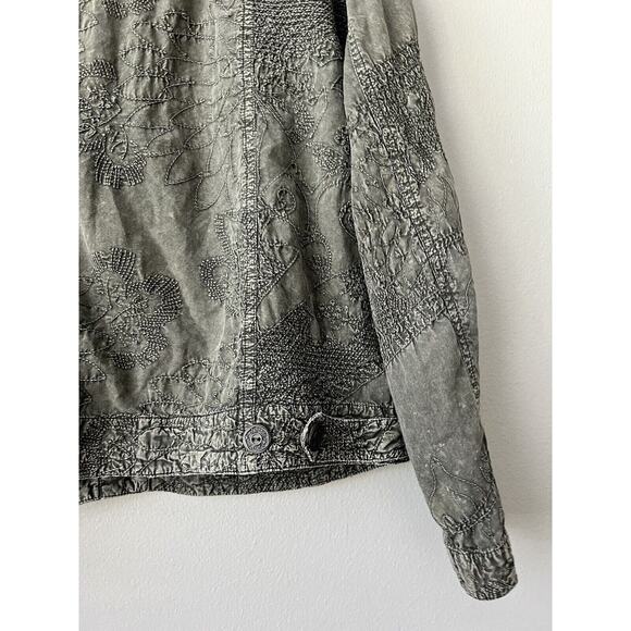 Chicos Jacket Womens Medium Green Embroidered Button Down Textured Pockets Boho - Picture 10 of 13